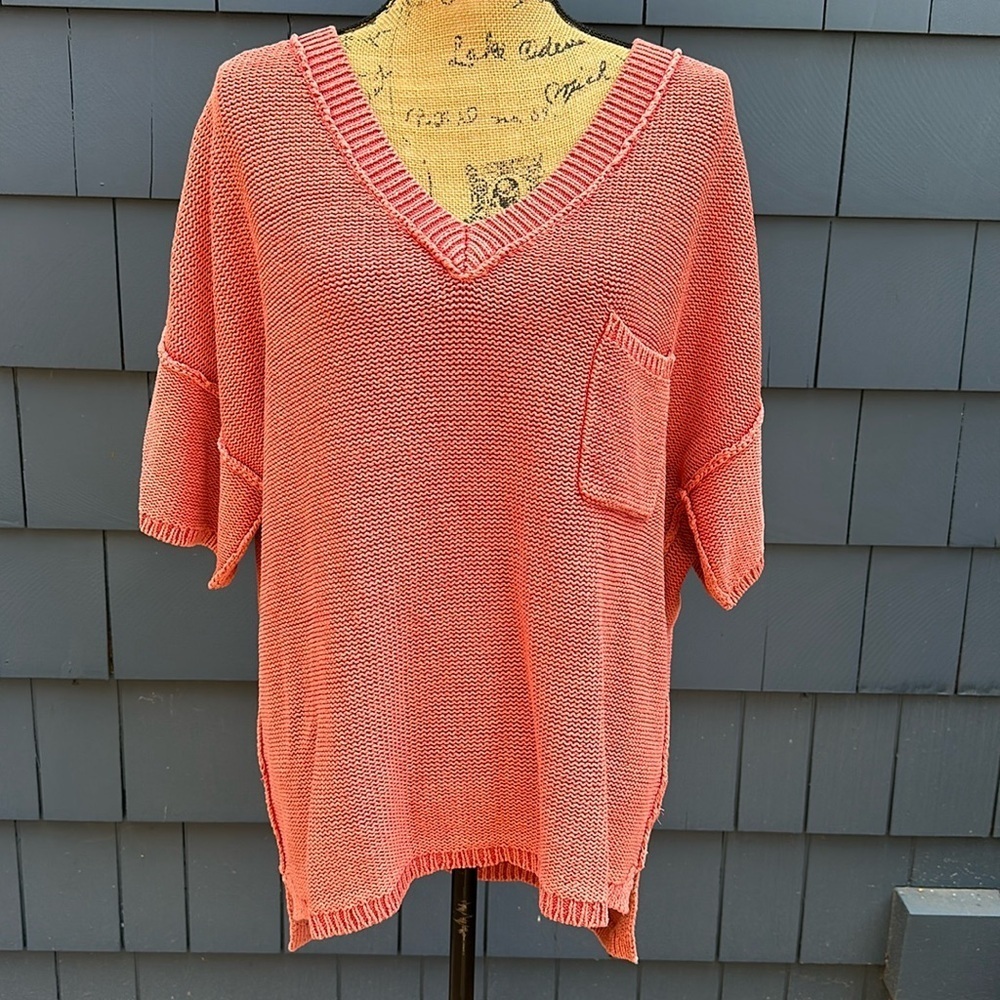 🧡🧡🧡Sundance NWT Much Loved sweater shirt sleeve coral peach orange cotton V